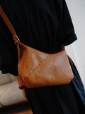 Genuine Leather Hobo Bag With Diagonal Stitching