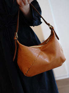 Genuine Leather Hobo Bag With Diagonal Stitching