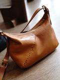 Genuine Leather Hobo Bag With Diagonal Stitching