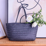 Women's Genuine Leather Black Woven Tote Black Woven Leather Tote Woven Black Purse 