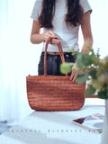 Women's Genuine Leather brown woven purse brown tote purse brown leather tote purse