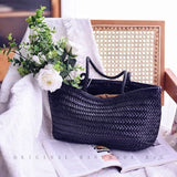 Women's Genuine Leather Black Woven Tote Black Woven Leather Tote Woven Black Purse 