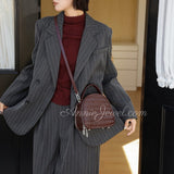 Brown Woven Leather Half Moon Handbag Leather Dome Handbag Double Zipper Womens