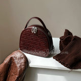 Brown Woven Leather Half Moon Handbag Leather Dome Handbag Double Zipper Womens