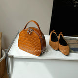 Brown Woven Leather Half Moon Handbag Leather Dome Handbag Double Zipper Womens