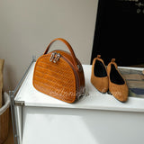 Brown Woven Leather Half Moon Handbag Leather Dome Handbag Double Zipper Womens