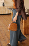 Brown Woven Leather Half Moon Handbag Leather Dome Handbag Double Zipper Womens