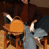 Brown Woven Leather Half Moon Handbag Leather Dome Handbag Double Zipper Womens
