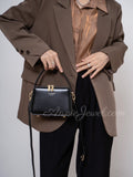 Black Structured Leather Handbag Top Handle Leather Rectangular Crossbody Bag Womens