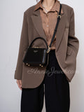 Black Structured Leather Handbag Top Handle Leather Rectangular Crossbody Bag Womens