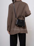 Black Structured Leather Handbag Top Handle Leather Rectangular Crossbody Bag Womens