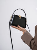 Black Structured Leather Handbag Top Handle Leather Rectangular Crossbody Bag Womens