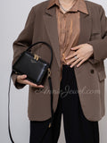 Black Structured Leather Handbag Top Handle Leather Rectangular Crossbody Bag Womens