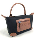 black Lightweight Nylon Leather Trim Mini Handbag Small Nylon Purse With Front Zip Pocket Womens