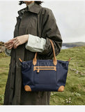 navy Premium Nylon Tote Bag With Genuine Leather Trim Lightweight Tote Bag Leather Trim 