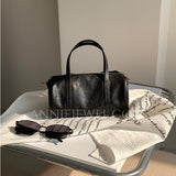 Black Leather Mini Barrel Bag Mini Leather Cylinder Bag Black Small Leather Bowling Bag Black - Annie Jewel