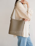 Minimalist gray Leather Bucket Shoulder Bag Vertical Leather Tote Pebbled Leather Bucket Bag