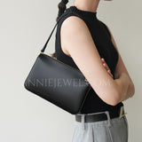Black Minimalist Leather Shoulder Bag Genuine Leather Baguette Bag Leather Underarm Bag Purse