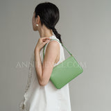Small Green Leather Shoulder Bag Genuine Leather Baguette Bag Leather Underarm Bag Purse