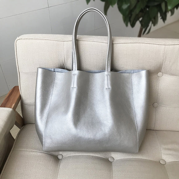 Silver Leather Tote Bag Genuine Leather Tote Bag Ladies Tote Bag