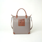 Premium Nylon and Leather Tote Bag With Brown Leather Trim Front Zip Pocket