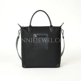 black Premium Nylon and Leather Tote Bag With Leather Trim Front Zip Pocket