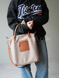 Premium Nylon and Leather Tote Bag With Brown Leather Trim Front Zip Pocket