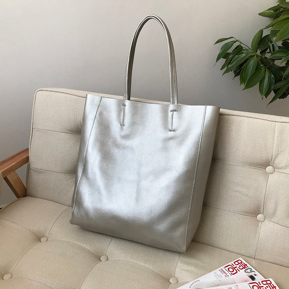 Women's Vertical Leather Tote Bag Silver Leather Tote Bag Medium Leather Tote Bag 