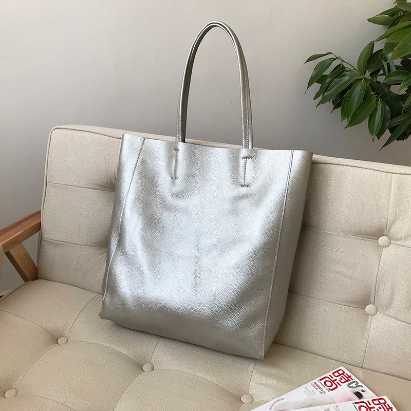 Women's Vertical Leather Tote Bag Silver Leather Tote Bag Medium