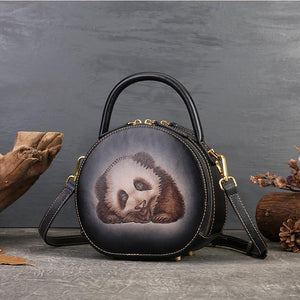 Cute Round Leather Handbag Panda Embossed Bag Womens 