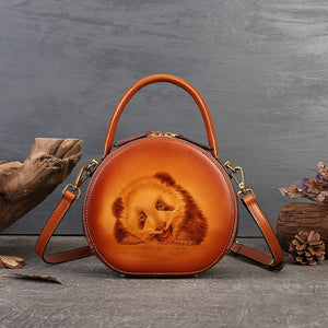 Cute Round Leather Handbag Panda Embossed Bag Womens 