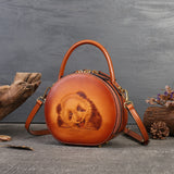 brown Round Leather Handbag Panda Embossed Bag Womens 