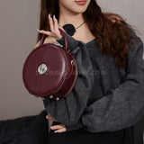 burgundy genuine leather circular handbag structured round leather handbag womens
