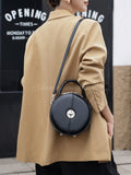 black genuine leather circular handbag round leather top handle purse womens