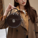 brown round leather top handle purse round leather zippered handbag womens