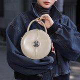 beige Leather Round Bag Round Leather Handbag Round Leather Purse Womens