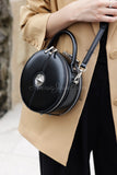 black genuine leather circular handbag round leather top handle purse womens