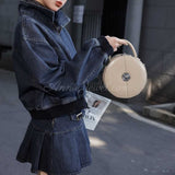 beige circular leather purse with top handle leather round dome handbag double zipper for ladies