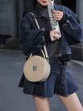 Genuine leather round dome handbag double zipper for ladies beige circular leather purse with top handle 