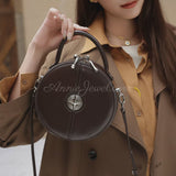 brown Genuine Leather Round Handbag Circular Leather Purse With Top Handle Double Zipper