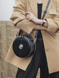 Genuine leather round dome handbag double zipper for ladies black circular leather purse with top handle 