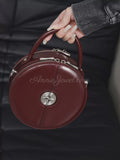 Genuine leather round dome handbag double zipper for ladies burgundy circular leather purse with top handle 