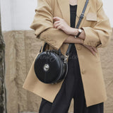 trendy black Leather Bag Round Leather Circle Bag Round Leather Crossbody Bag Womens
