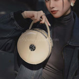 beige Genuine Leather Round Handbag Circular Leather Purse With Top Handle Double Zipper