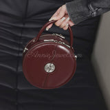 brown Genuine Leather Round Handbag Circular Leather Purse With Top Handle Double Zipper