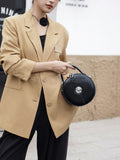 black Genuine Leather Round Handbag Circular Leather Purse With Top Handle Double Zipper