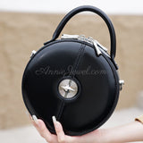 black Genuine Leather Round Handbag Circular Leather Purse With Top Handle Double Zipper