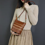 Small Genuine Leather Bucket Crossbody Bag Cem Leather Brown Woven Purse Ladies 