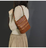 Small Genuine Leather Bucket Crossbody Bag Cem Leather Brown Woven Purse Ladies 