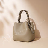 Women's grey Small Leather Bucket Bag Purse Knit Handle Top Bucket Bag